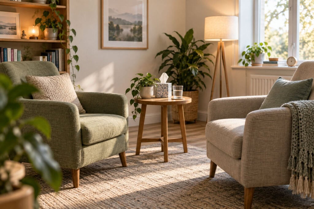 Calm counselling room with two comfortable chairs and a small table, representing a first counselling session